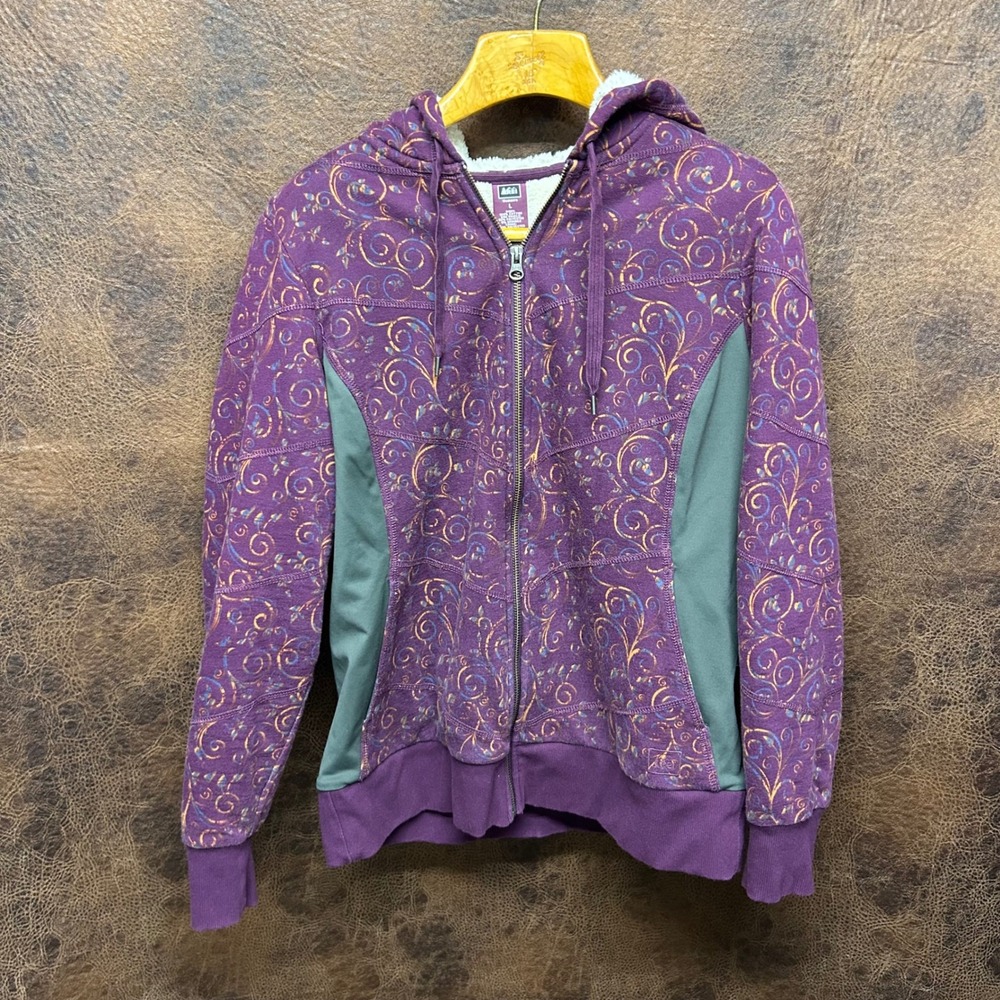 REI Magenta Floral Full Zip Hooded Pocketed Scroll Pattern Gray Sweatshirt Large